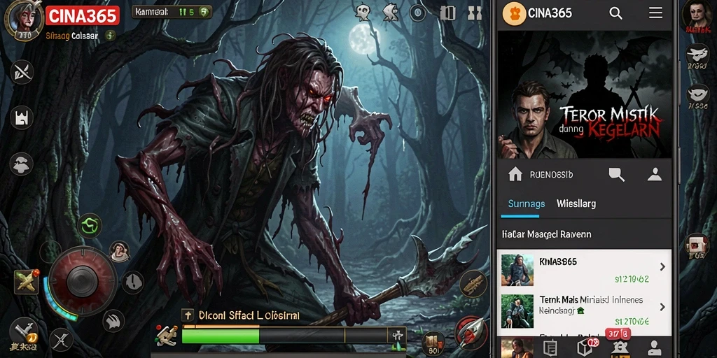 Screenshot gameplay CINA365 yang menampilkan suasana mencekam dan horor.