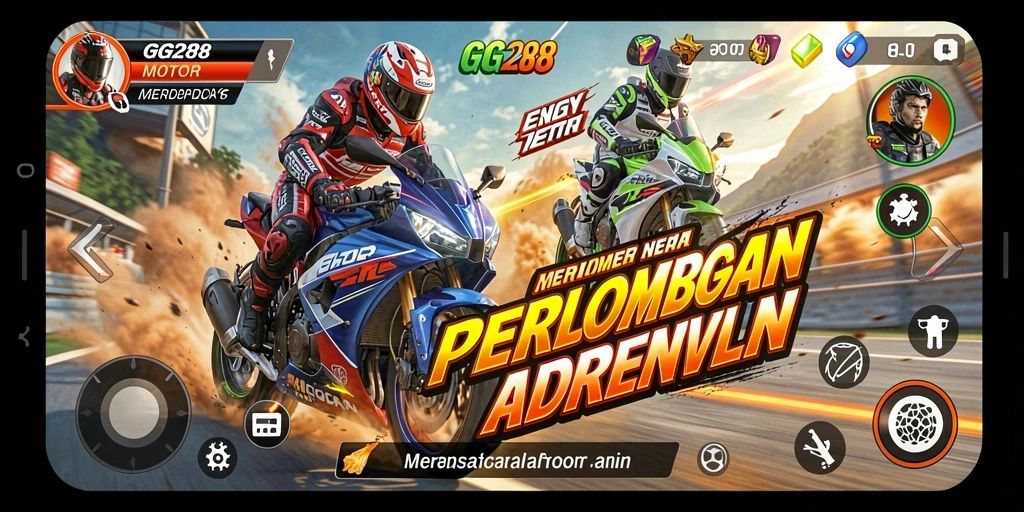 Tangkapan layar gameplay GG288 menampilkan aksi balap motor yang intens.