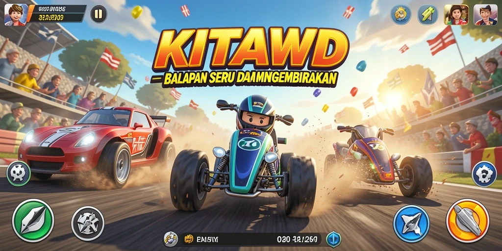 Tampilan utama gameplay KITAWD yang menampilkan balapan seru di trek kota.