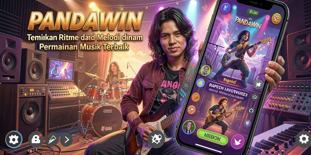 Screenshot utama PANDAWIN menampilkan gameplay interaktif dengan melodi dan ritme yang dinamis.